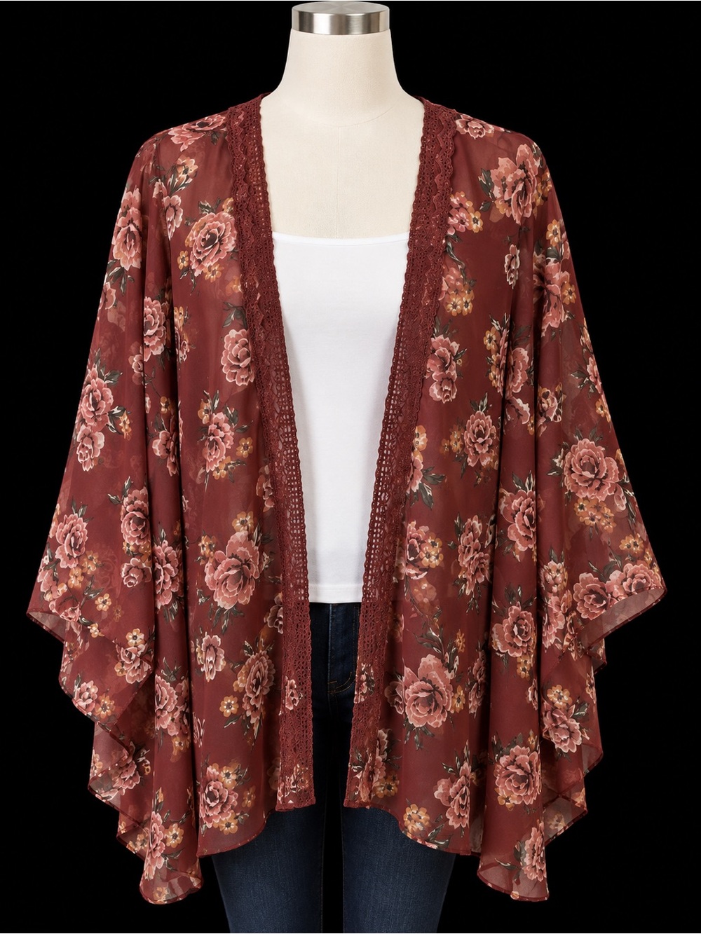 Floral Sheer Kimono in Burgundy Rust
